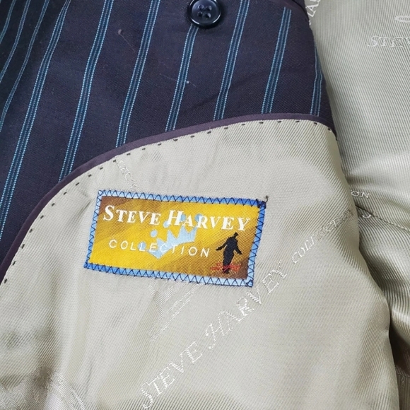 Steve Harvey Suit Men 52L Black Stripe Italy Merino Wool Super 120 46X32 Pants - Picture 5 of 16